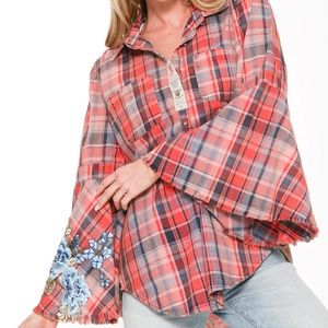 Aratta Silent Journey Plaid Floral Button Up Top Song for the Forth